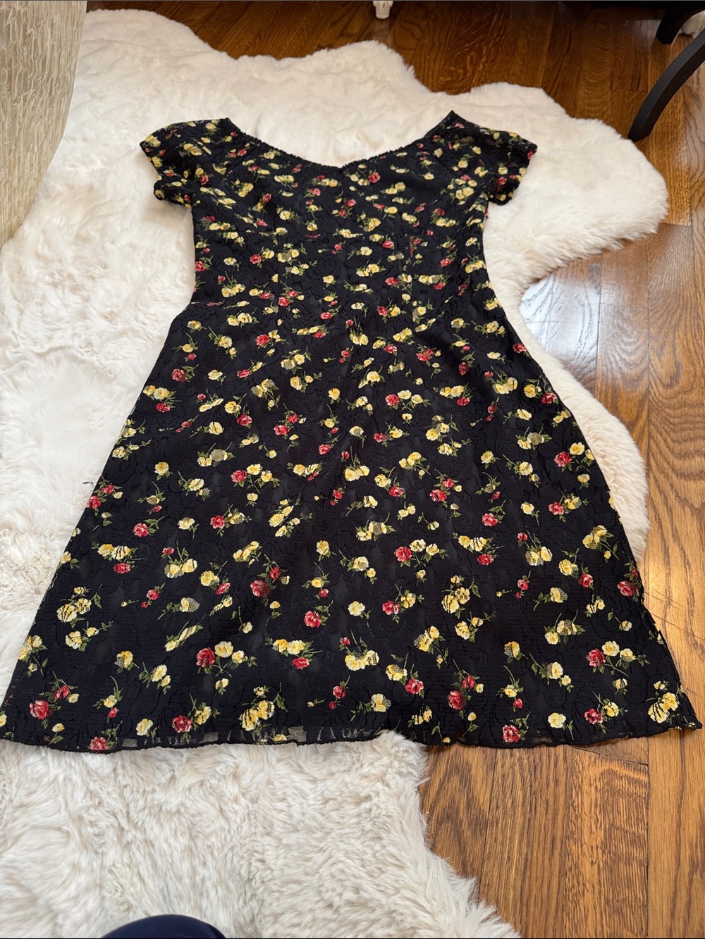 Women’s Black Floral Short Sleeve Dress with Yellow & Red Roses
